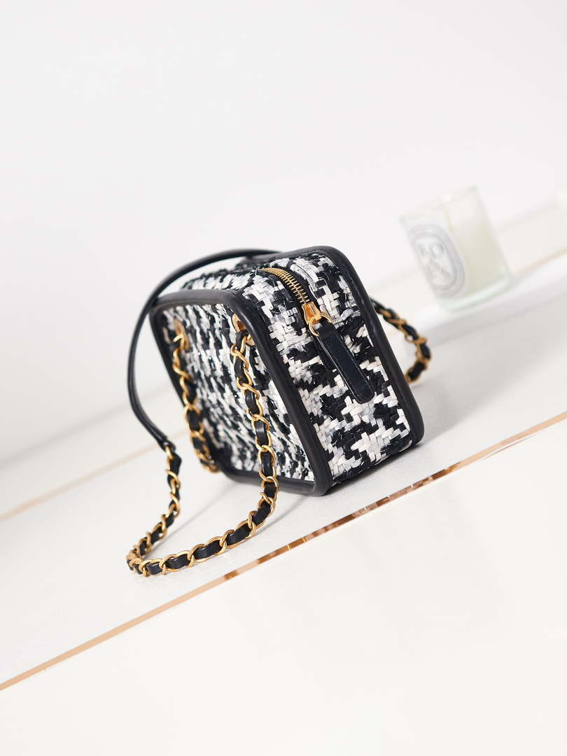 Chanel AS3768 Small Camera Case Lambskin Viscose Weaving White & Black