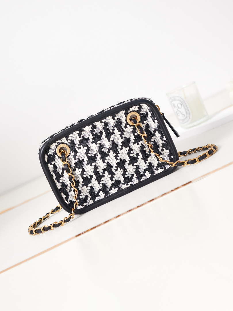 Chanel AS3768 Small Camera Case Lambskin Viscose Weaving White & Black