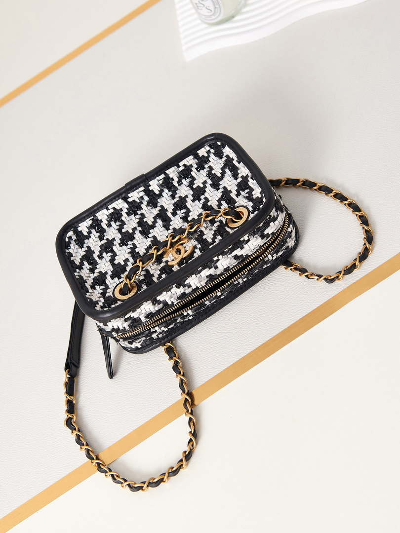 Chanel AS3768 Small Camera Case Lambskin Viscose Weaving White & Black