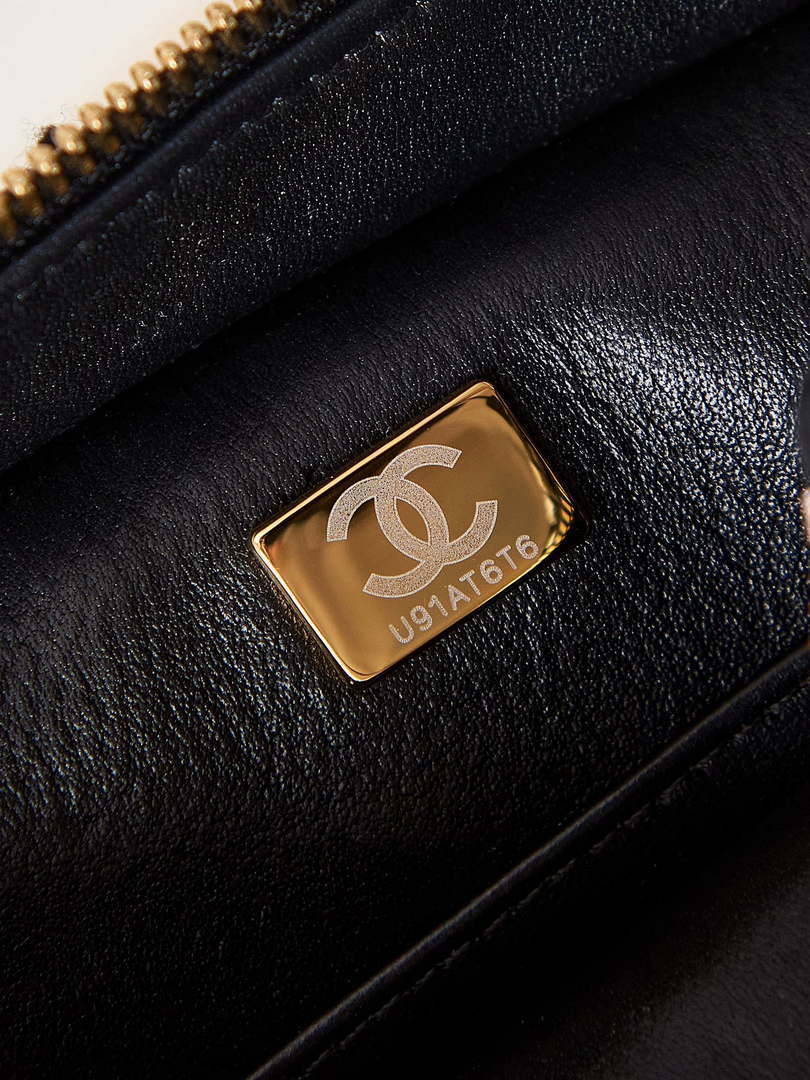 Chanel AS3768 Small Camera Case Lambskin Viscose Weaving White & Black