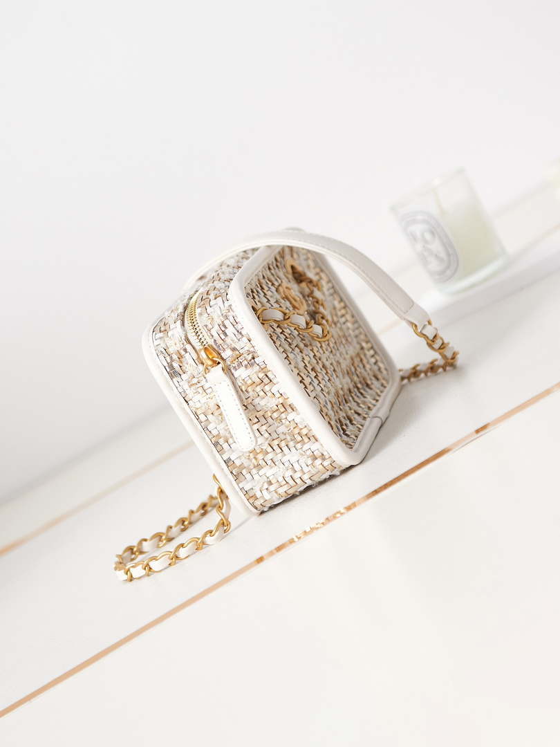 Chanel AS3768 Small Camera Case Lambskin Viscose Weaving White Gold & Beige - Default Title - View 2
