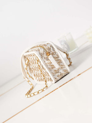 Chanel AS3768 Small Camera Case Lambskin Viscose Weaving White Gold & Beige - Default Title - View 3