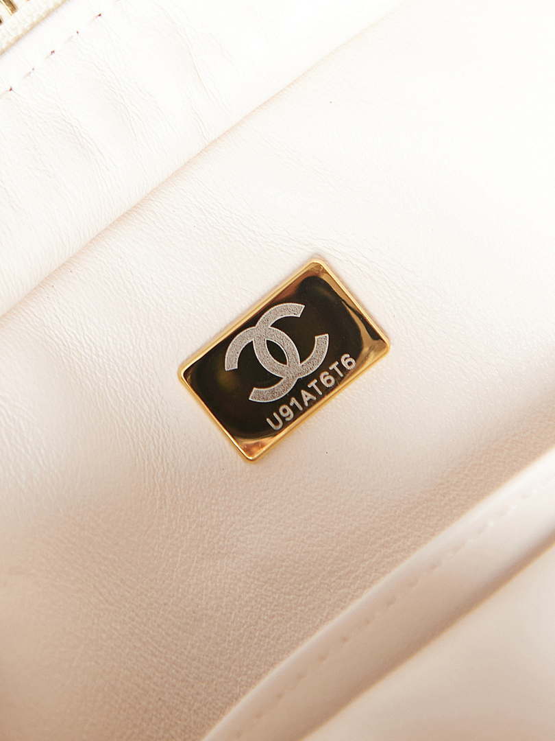 Chanel AS3768 Small Camera Case Lambskin Viscose Weaving White Gold & Beige