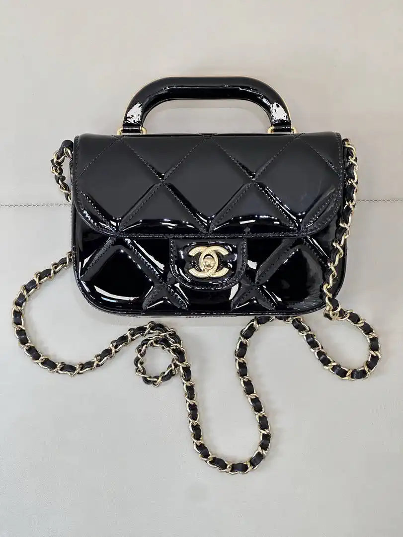 Chanel Small Clutch with Chain High-Shine Calfskin & Gold Metal  Light Gold AP4892 Black