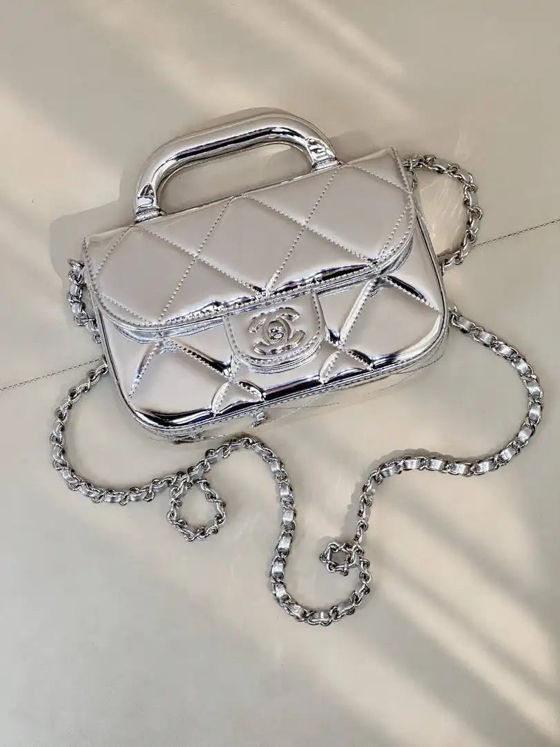 Chanel Small Clutch with Chain High-Shine Calfskin & Silver Metal  Light Gold AP4892 Silver