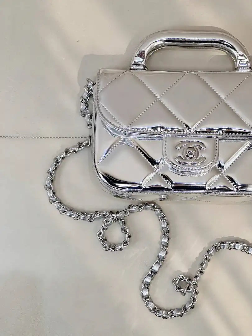 Chanel Small Clutch with Chain High-Shine Calfskin & Silver Metal  Light Gold AP4892 Silver