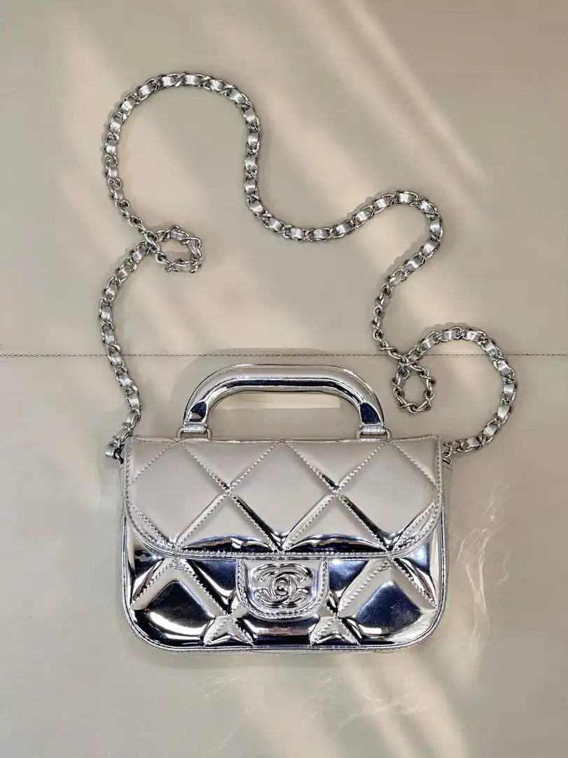 Chanel Small Clutch with Chain High-Shine Calfskin & Silver Metal  Light Gold AP4892 Silver