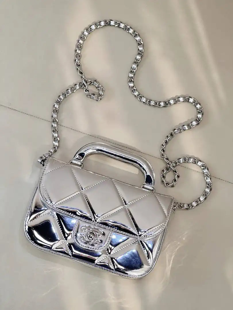 Chanel Small Clutch with Chain High-Shine Calfskin & Silver Metal  Light Gold AP4892 Silver