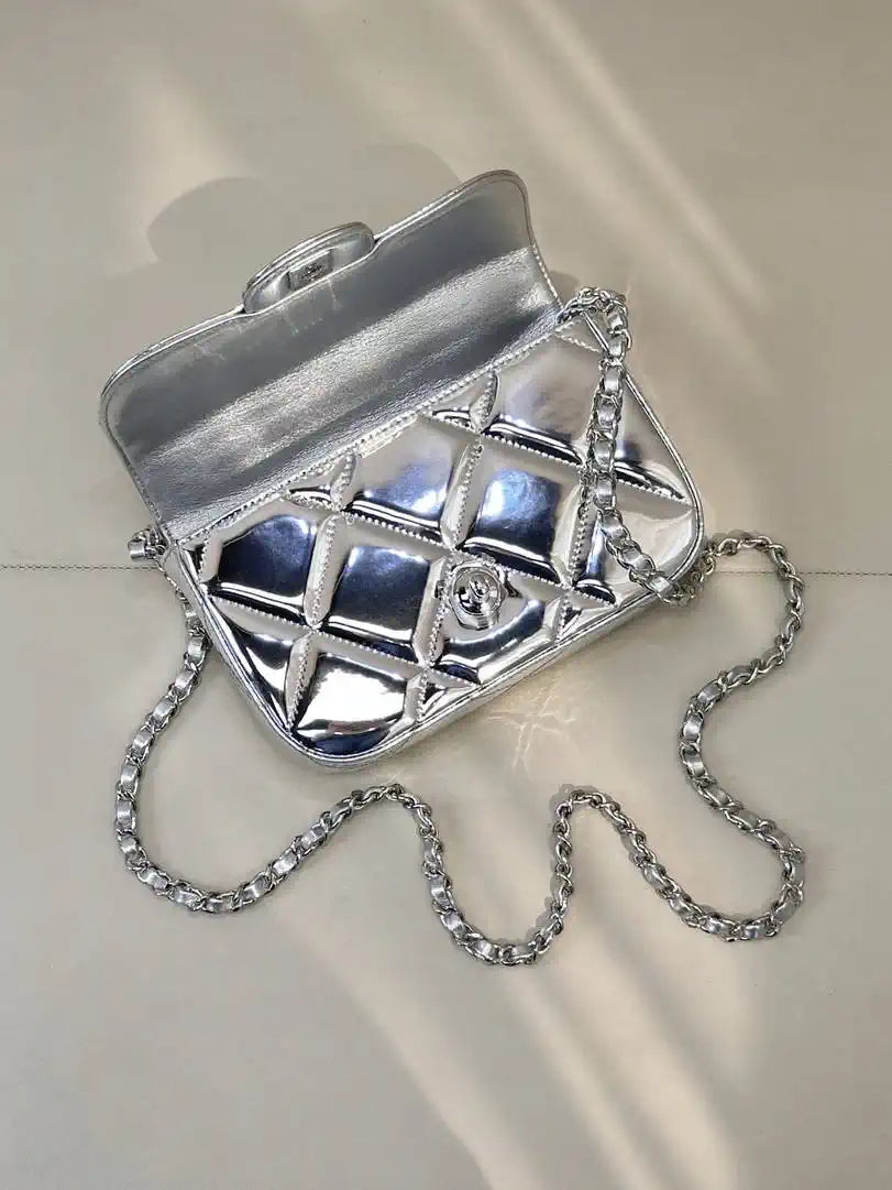Chanel Small Clutch with Chain High-Shine Calfskin & Silver Metal  Light Gold AP4892 Silver