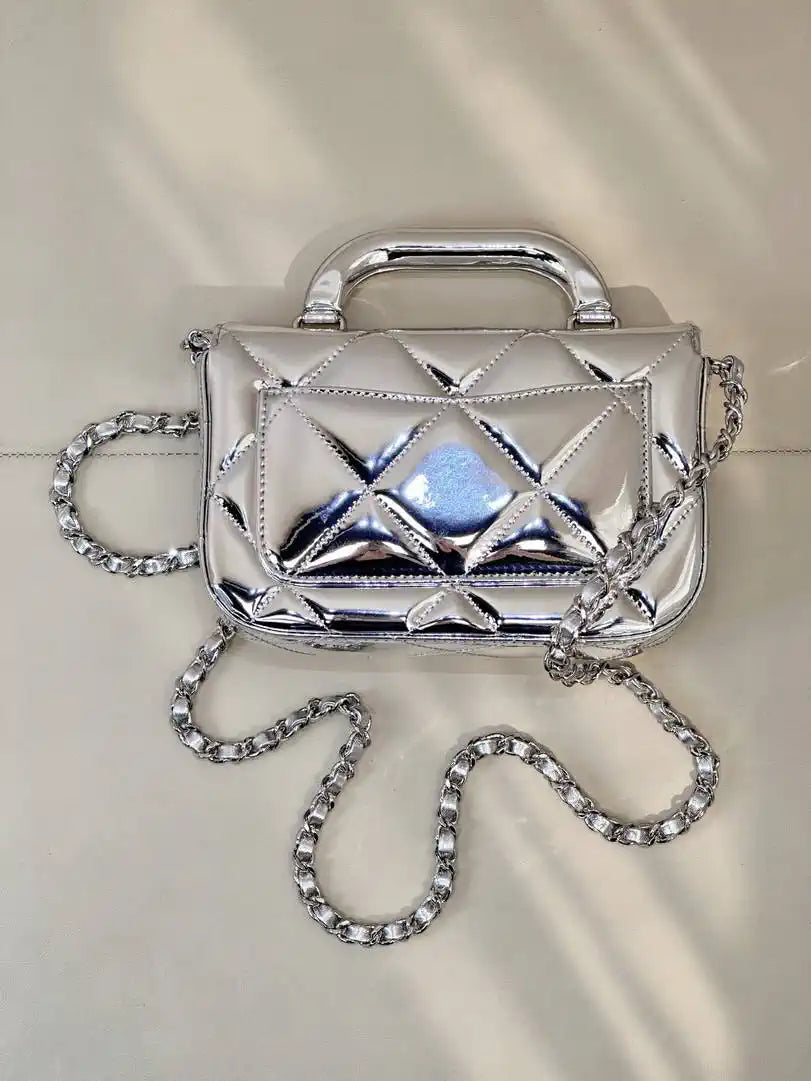 Chanel Small Clutch with Chain High-Shine Calfskin & Silver Metal  Light Gold AP4892 Silver