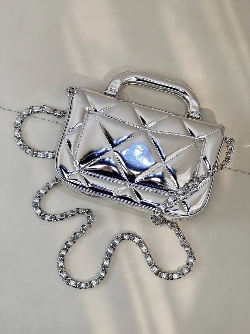 Chanel Small Clutch with Chain High-Shine Calfskin & Silver Metal  Light Gold AP4892 Silver