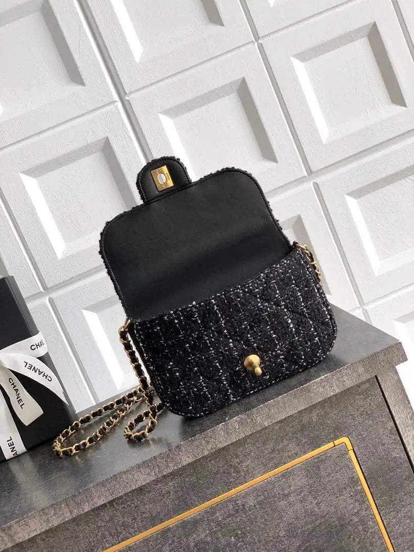 Chanel Small Clutch with Chain Tweed & Gold Metal AP4892 Black