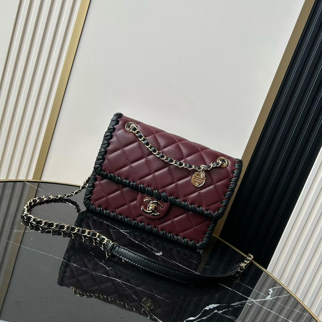 Chanel Small Flap Bag Lambskin Braided Calfskin & Gold-Tone Metal AS2496 Wine Red - Default Title - View 1