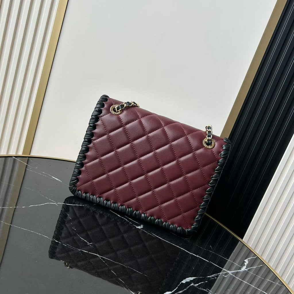 Chanel Small Flap Bag Lambskin Braided Calfskin & Gold-Tone Metal AS2496 Wine Red