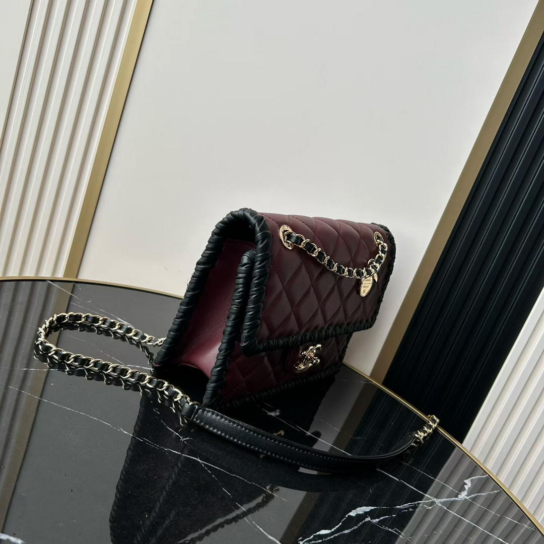 Chanel Small Flap Bag Lambskin Braided Calfskin & Gold-Tone Metal AS2496 Wine Red - Default Title - View 3