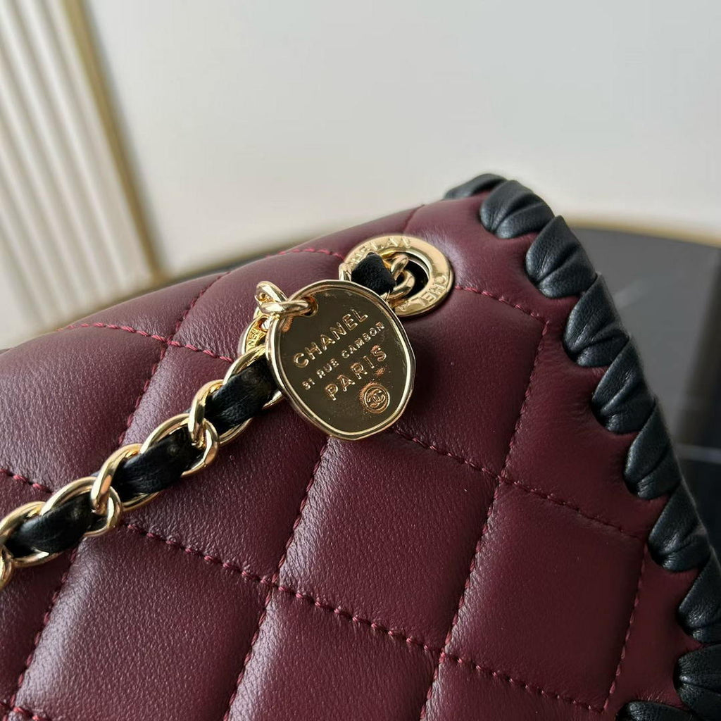 Chanel Small Flap Bag Lambskin Braided Calfskin & Gold-Tone Metal AS2496 Wine Red