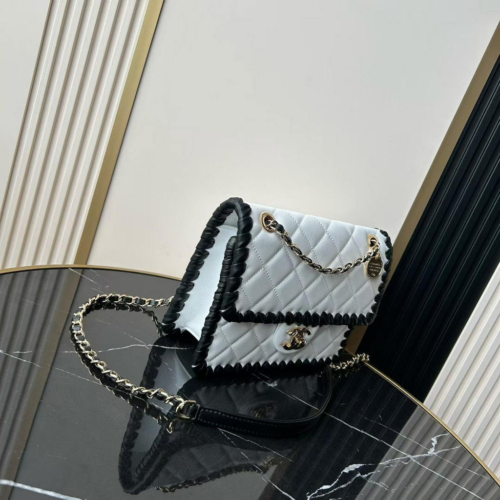 Chanel Small Flap Bag Lambskin Braided Calfskin & Gold-Tone Metal AS2496 White