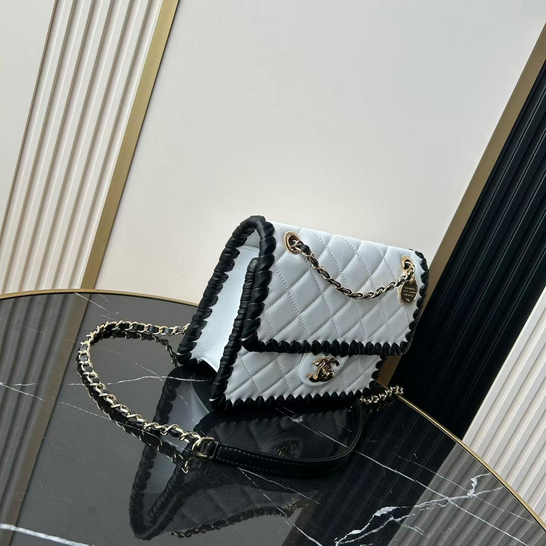 Chanel Small Flap Bag Lambskin Braided Calfskin & Gold-Tone Metal AS2496 White