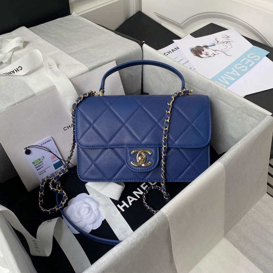 Chanel Small Flap Bag With top Handle Calfskin CC AS2680 Blue - Default Title - View 1