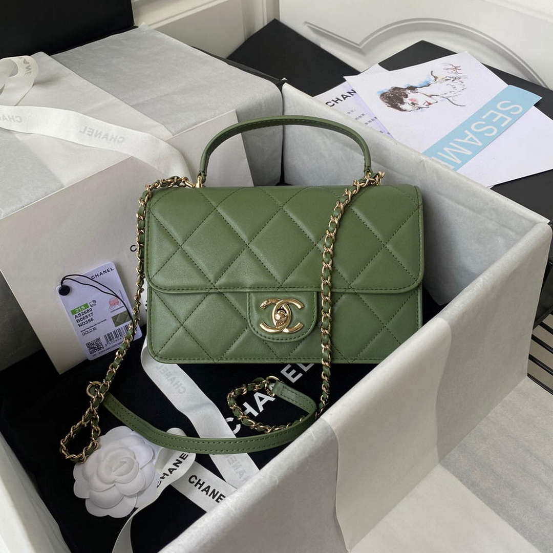 Chanel Small Flap Bag With top Handle Calfskin CC AS2680 Green - Default Title - View 1