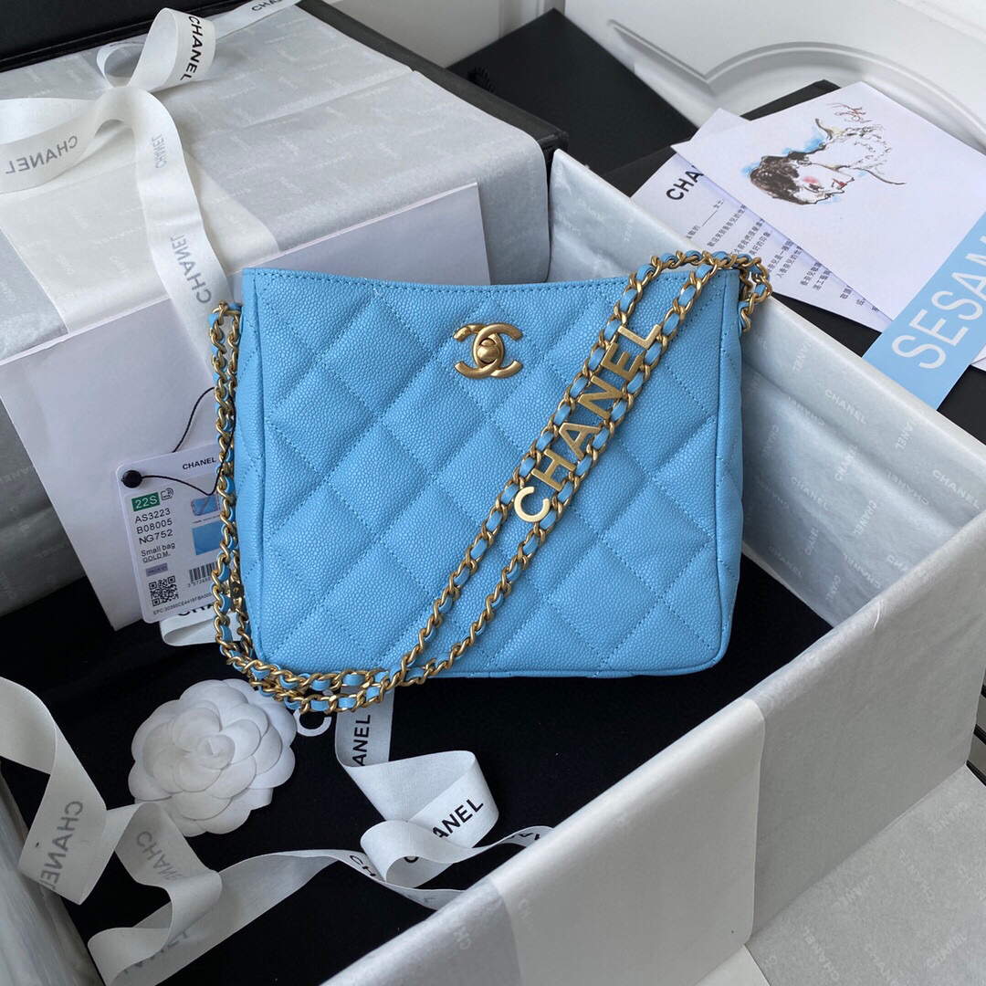 Chanel Small Hobo Bag Grained Calfskin Gold AS3223 Blue - Default Title - View 1