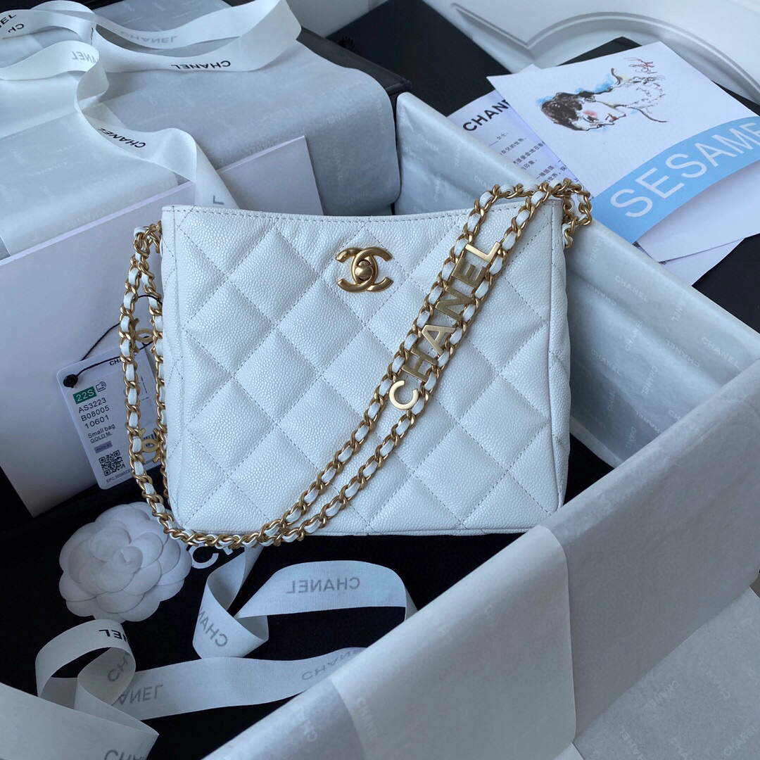 Chanel Small Hobo Bag Grained Calfskin Gold AS3223 White - Default Title - View 1
