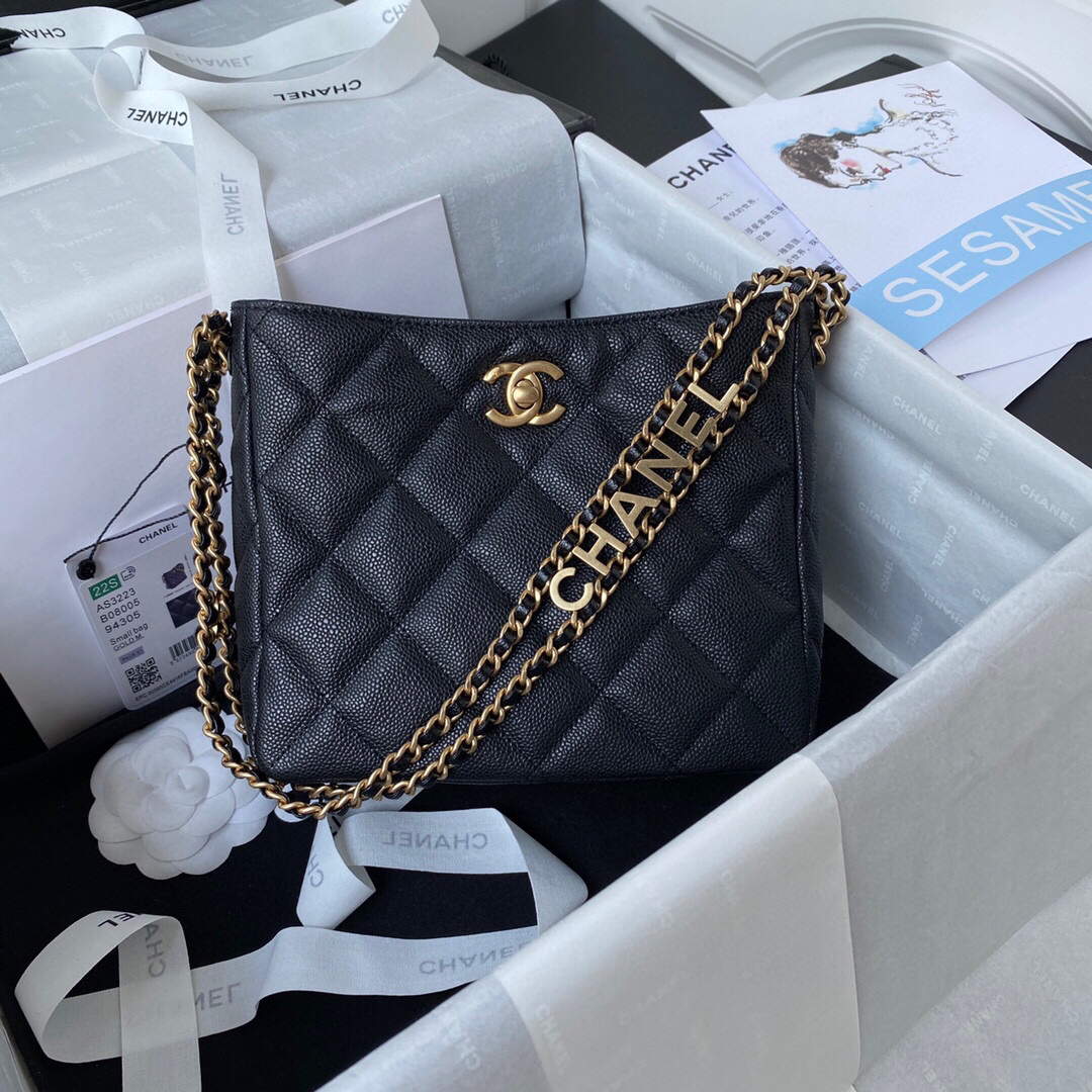 Chanel Small Hobo Bag Grained Calfskin Gold AS3223 Black - Default Title - View 1