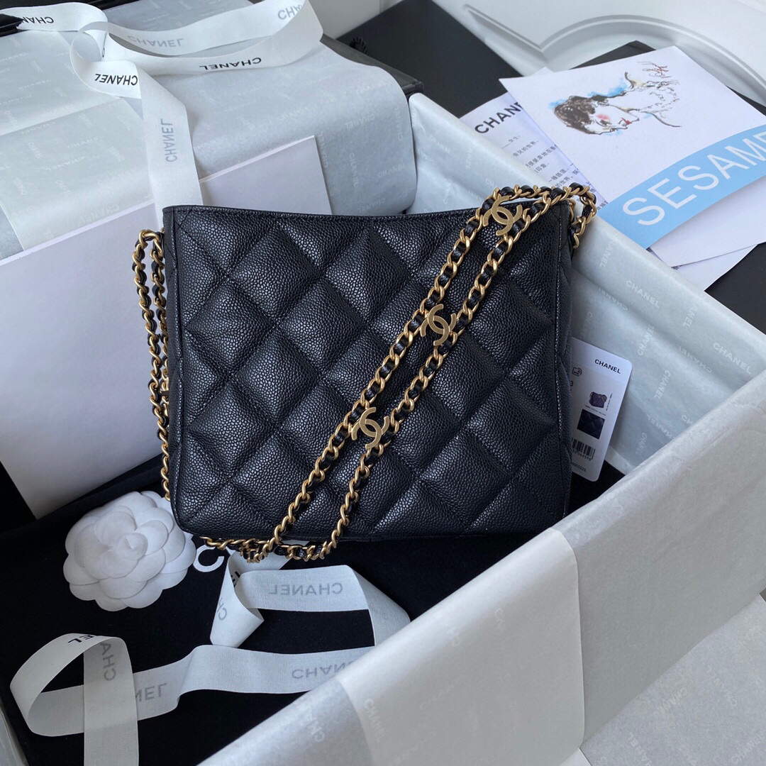Chanel Small Hobo Bag Grained Calfskin Gold AS3223 Black