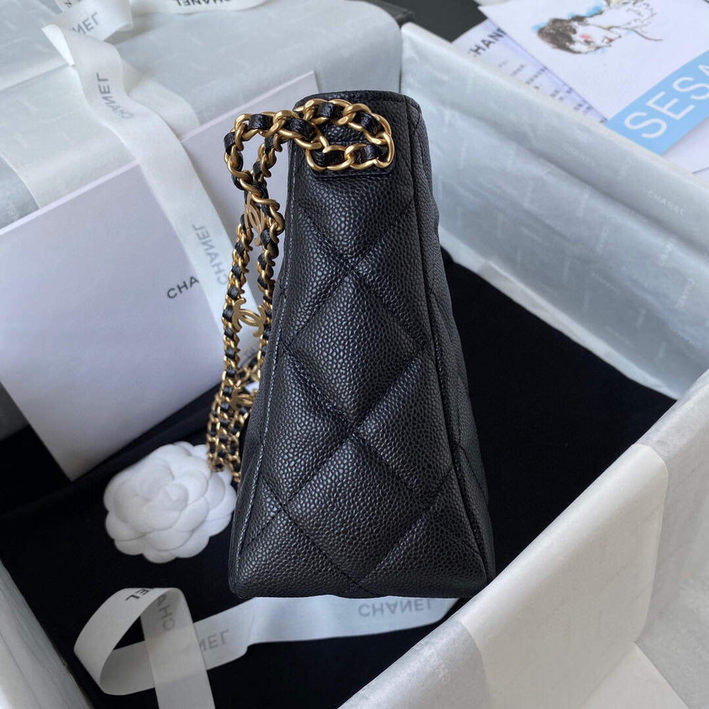 Chanel Small Hobo Bag Grained Calfskin Gold AS3223 Black