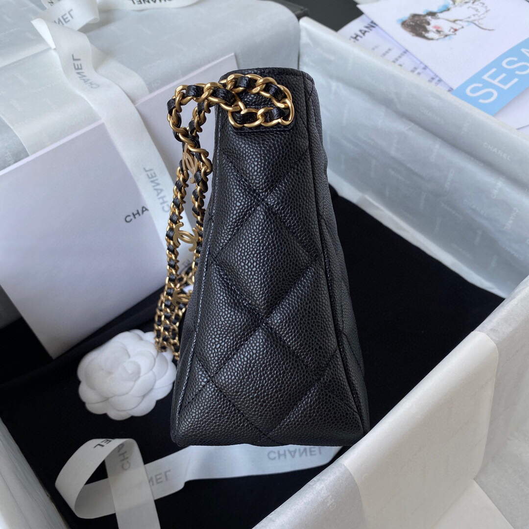 Chanel Small Hobo Bag Grained Calfskin Gold AS3223 Black