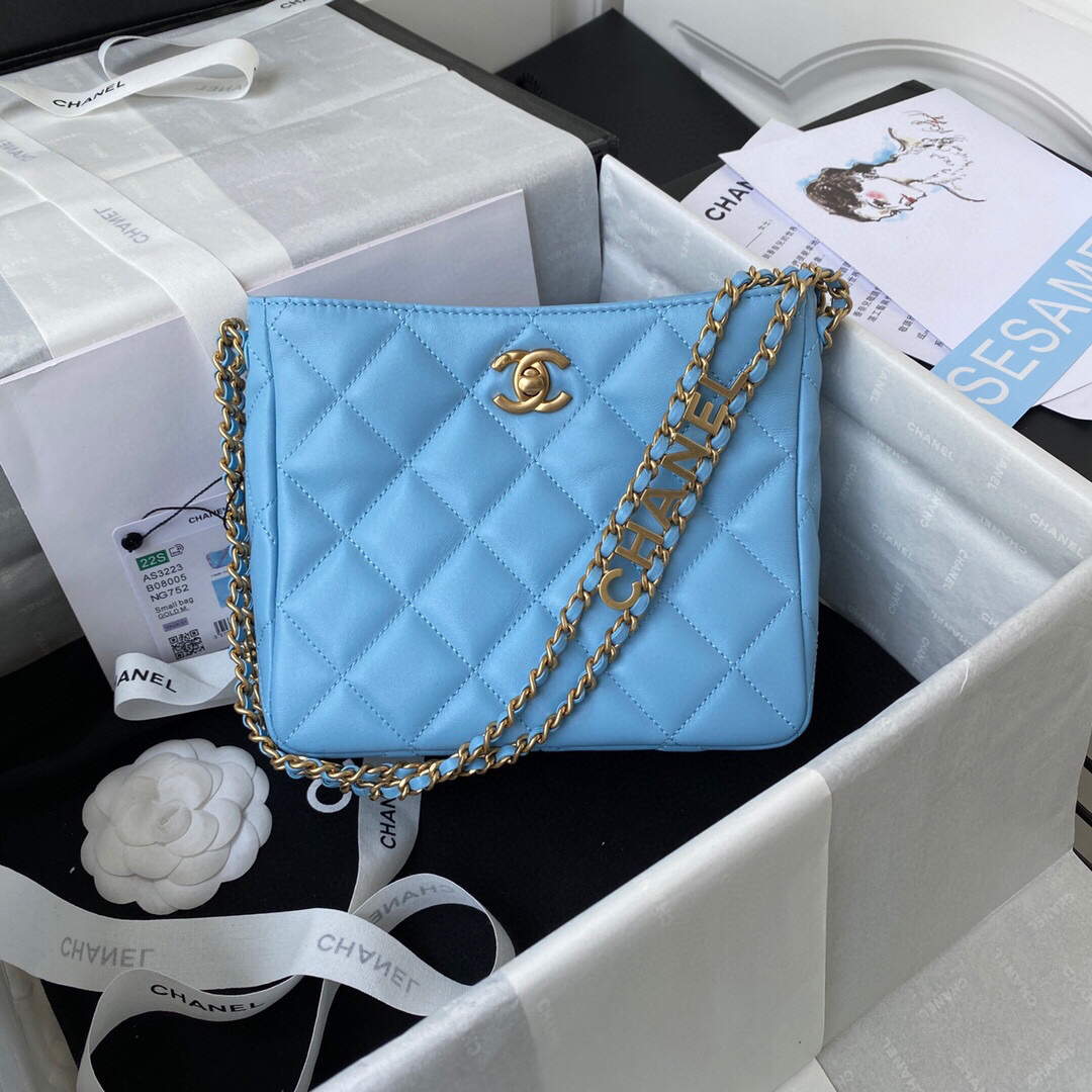 Chanel Small Hobo Bag Lambskin Gold AS3223 Blue - Default Title - View 1