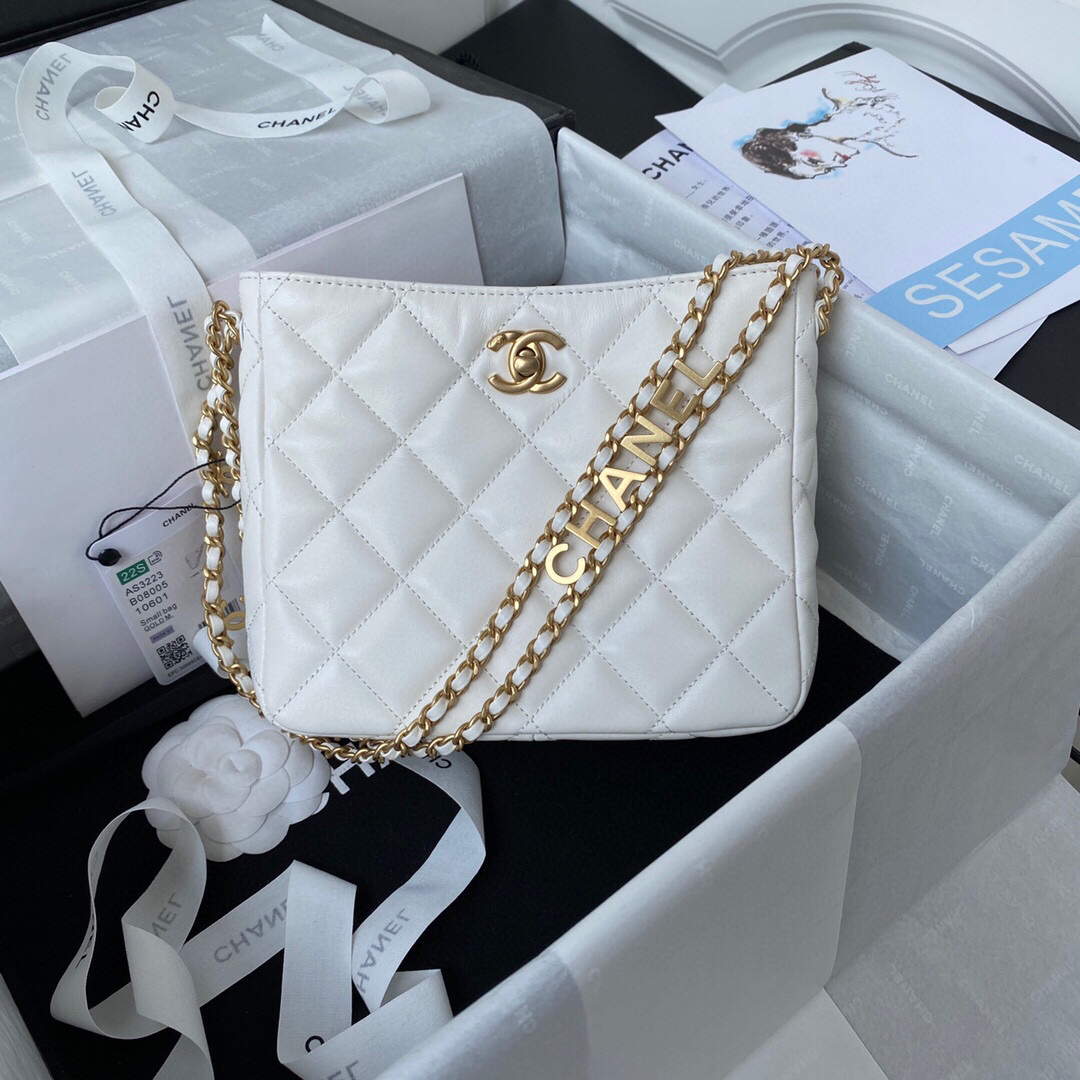 Chanel Small Hobo Bag Lambskin Gold AS3223 White - Default Title - View 1
