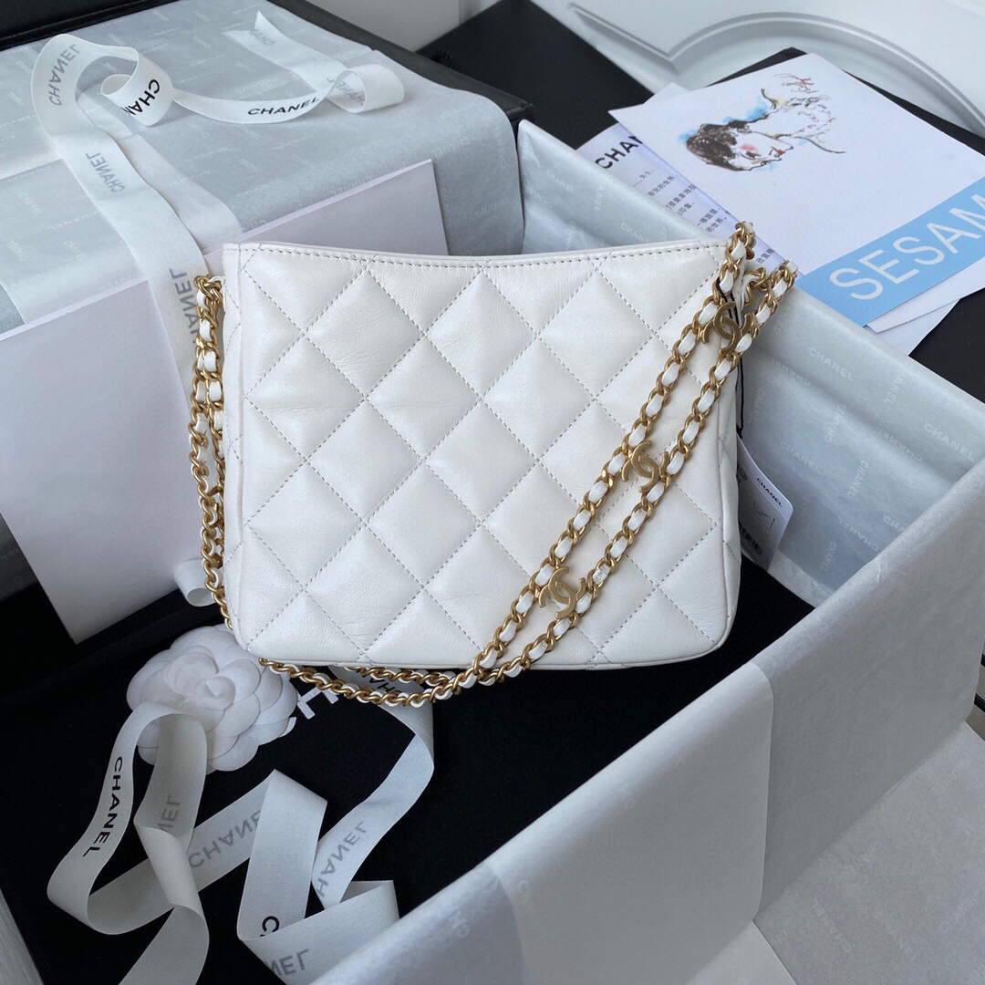 Chanel Small Hobo Bag Lambskin Gold AS3223 White - Default Title - View 2