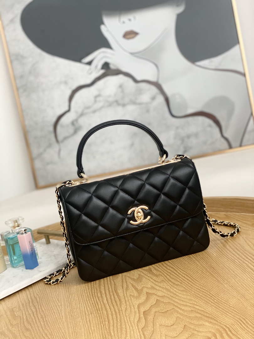 Chanel Small Trendy CC Flap Bag With Top Handle Lambskin bag A92236 Black Gold Round - Default Title - View 1