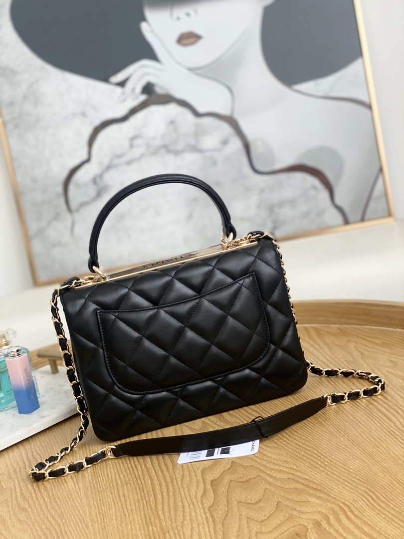 Chanel Small Trendy CC Flap Bag With Top Handle Lambskin bag A92236 Black Gold Round