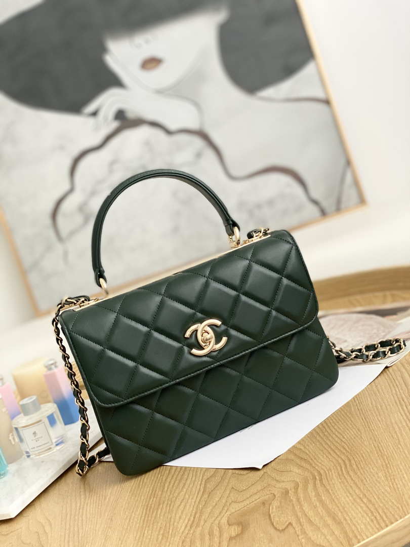 Chanel Small Trendy CC Flap Bag With Top Handle Lambskin bag A92236 Dark Green Gold - Default Title - View 1
