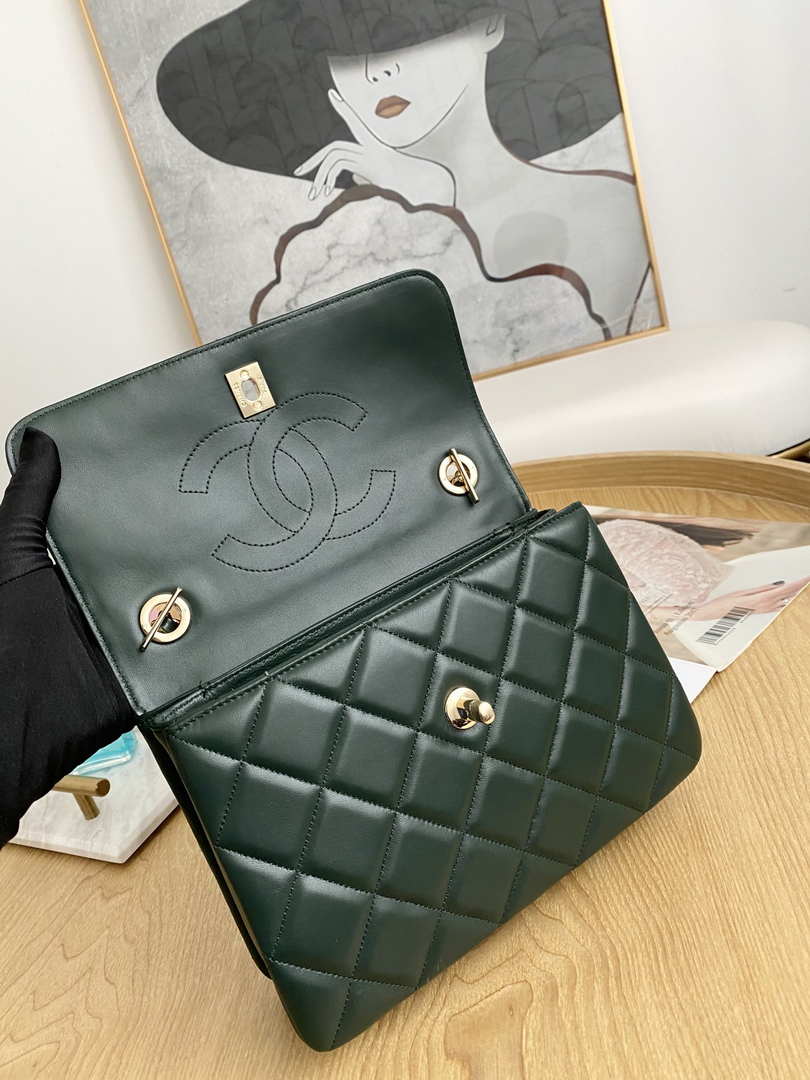 Chanel Small Trendy CC Flap Bag With Top Handle Lambskin bag A92236 Dark Green Gold