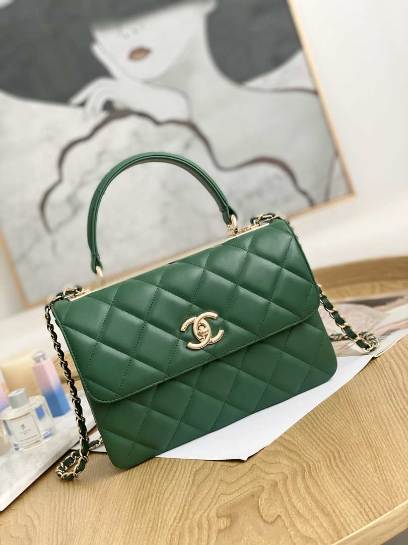 Chanel Small Trendy CC Flap Bag With Top Handle Lambskin bag A92236 Green Gold