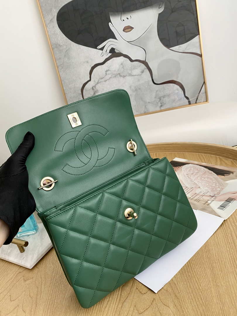 Chanel Small Trendy CC Flap Bag With Top Handle Lambskin bag A92236 Green Gold