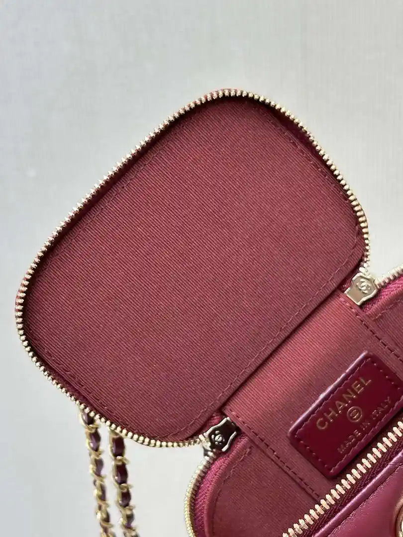 Chanel Small Vanity with Chain Shiny Calfskin Wine Red AP2292 Gold