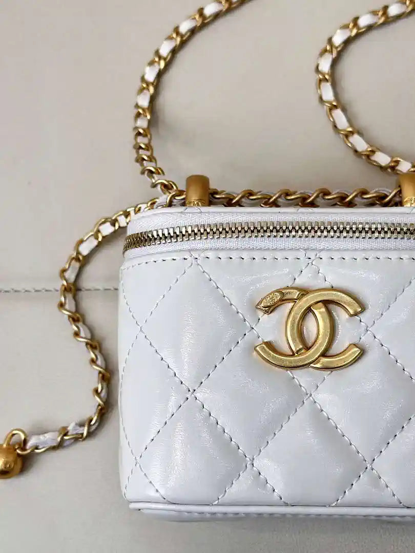 Chanel Small Vanity with Chain Shiny Calfskin White AP2292 Gold