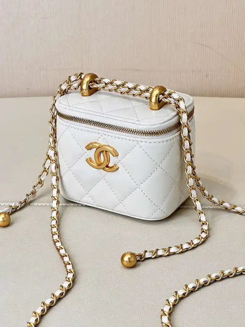 Chanel Small Vanity with Chain Shiny Calfskin White AP2292 Gold