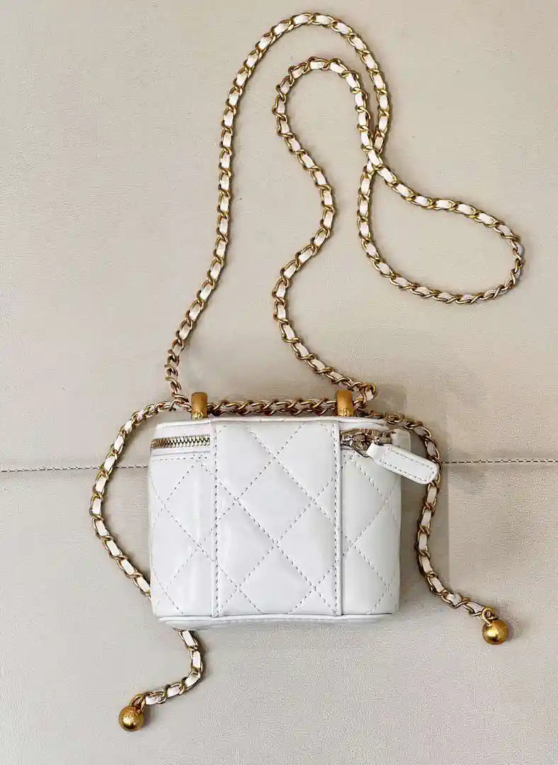 Chanel Small Vanity with Chain Shiny Calfskin White AP2292 Gold
