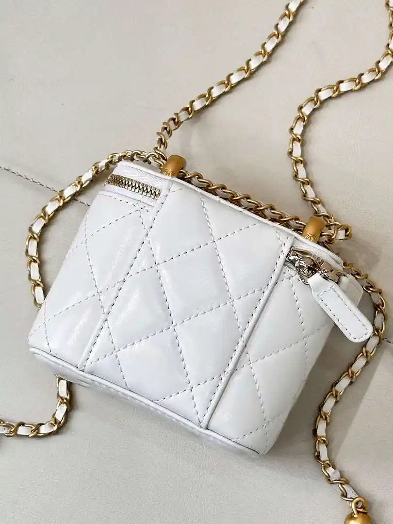 Chanel Small Vanity with Chain Shiny Calfskin White AP2292 Gold