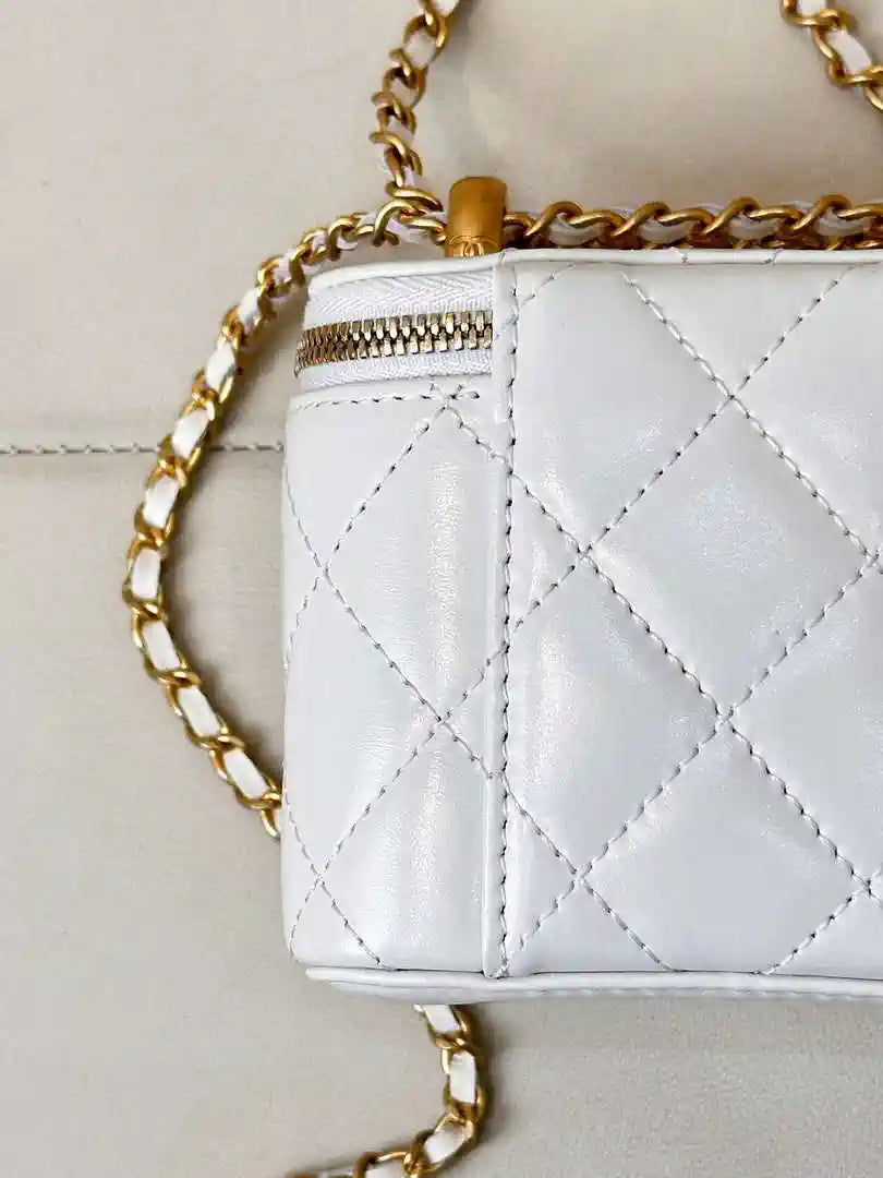 Chanel Small Vanity with Chain Shiny Calfskin White AP2292 Gold