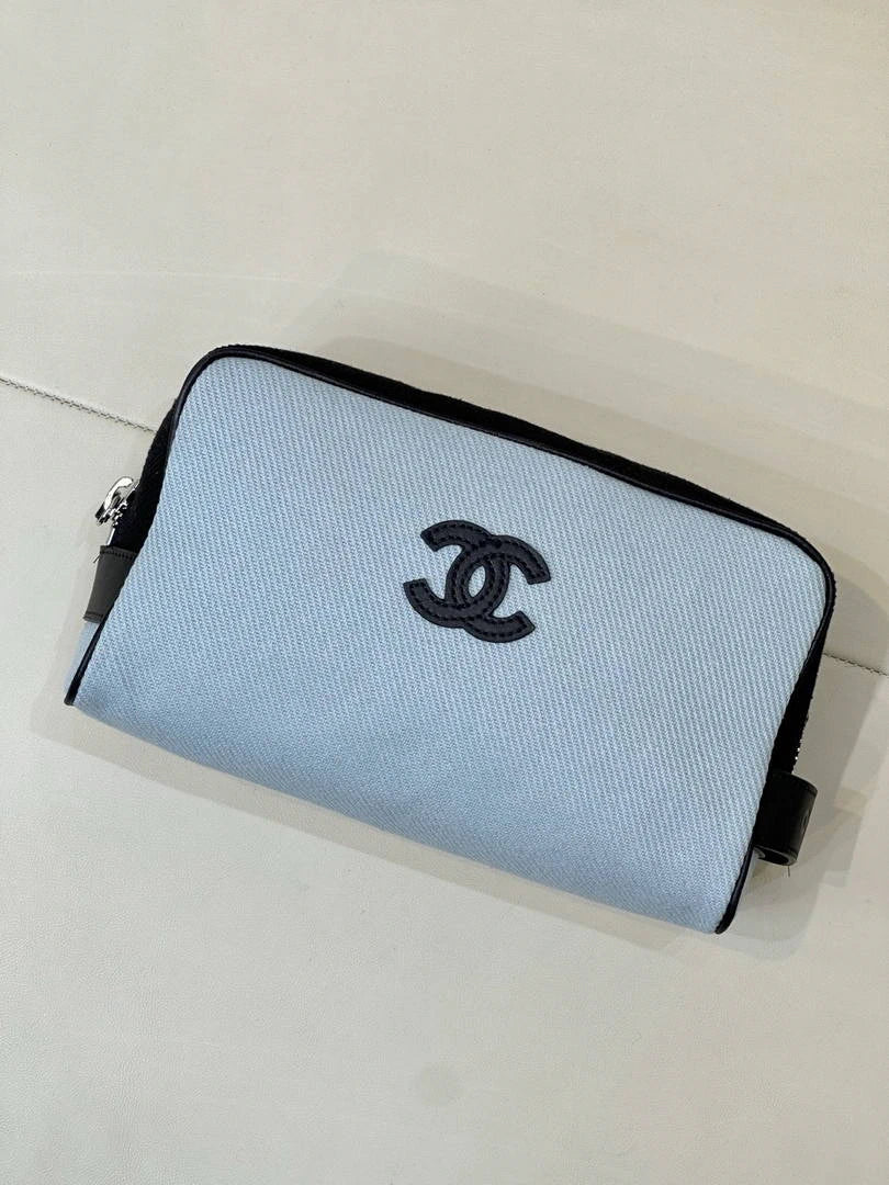 Chanel Small Zipped Pouch Canvas Calfskin & Silver-Tone Metal  AP5226 Blue & Black - Default Title - View 3