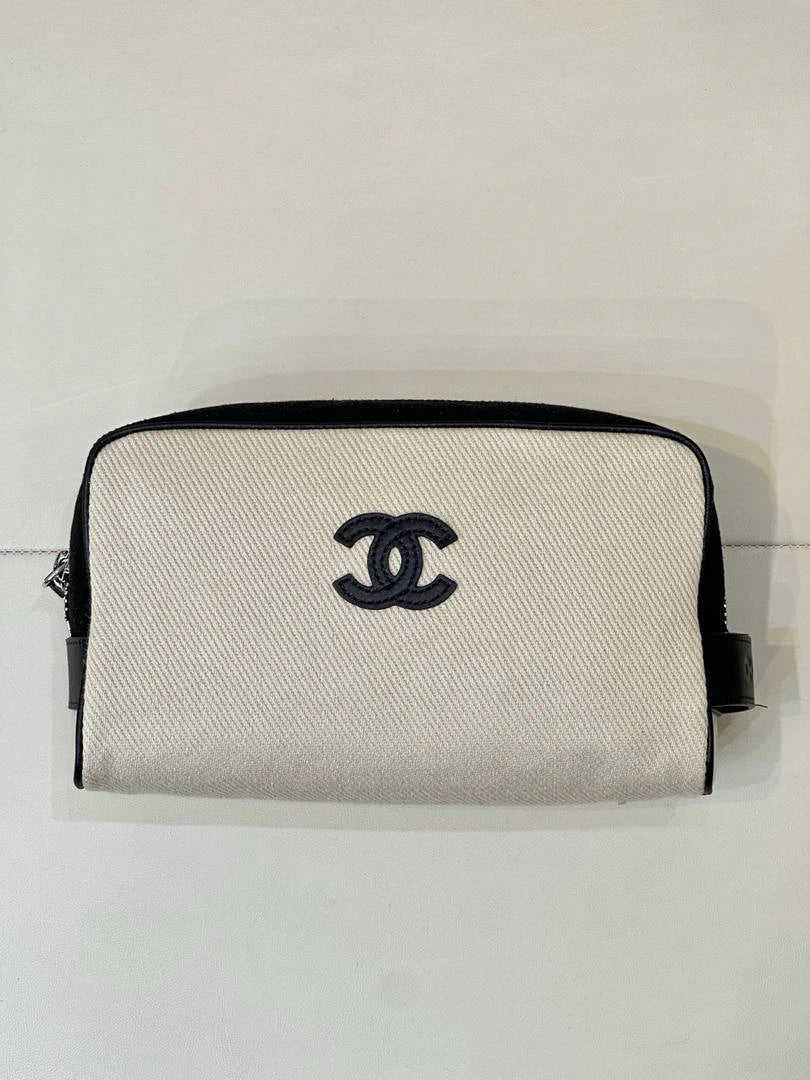 Chanel Small Zipped Pouch Canvas Calfskin & Silver-Tone Metal  AP5226 White &Black - Default Title - View 1