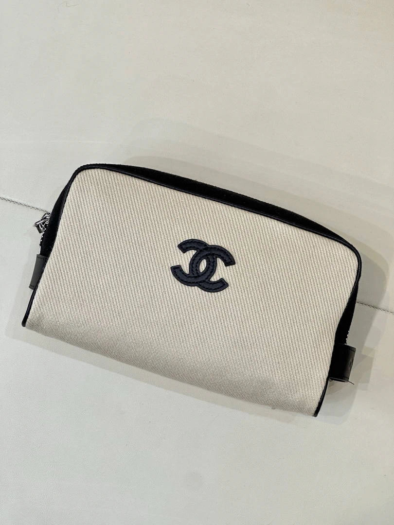 Chanel Small Zipped Pouch Canvas Calfskin & Silver-Tone Metal  AP5226 White &Black - Default Title - View 3