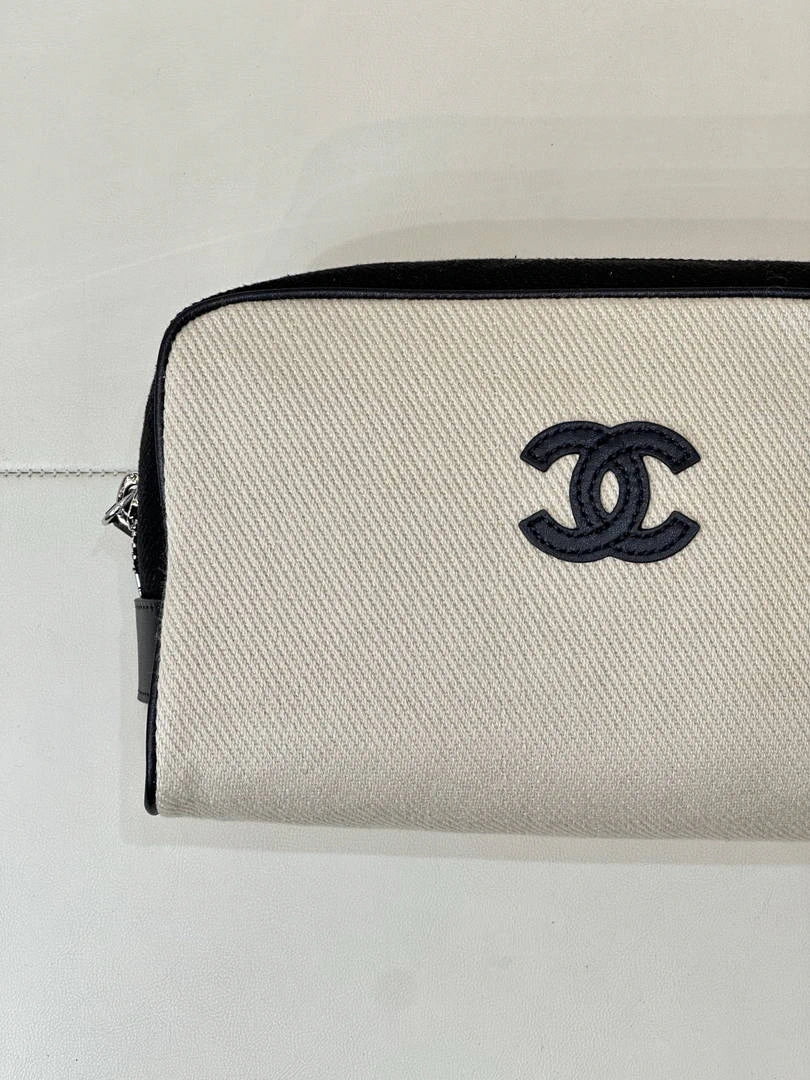 Chanel Small Zipped Pouch Canvas Calfskin & Silver-Tone Metal  AP5226 White &Black - Default Title - View 4
