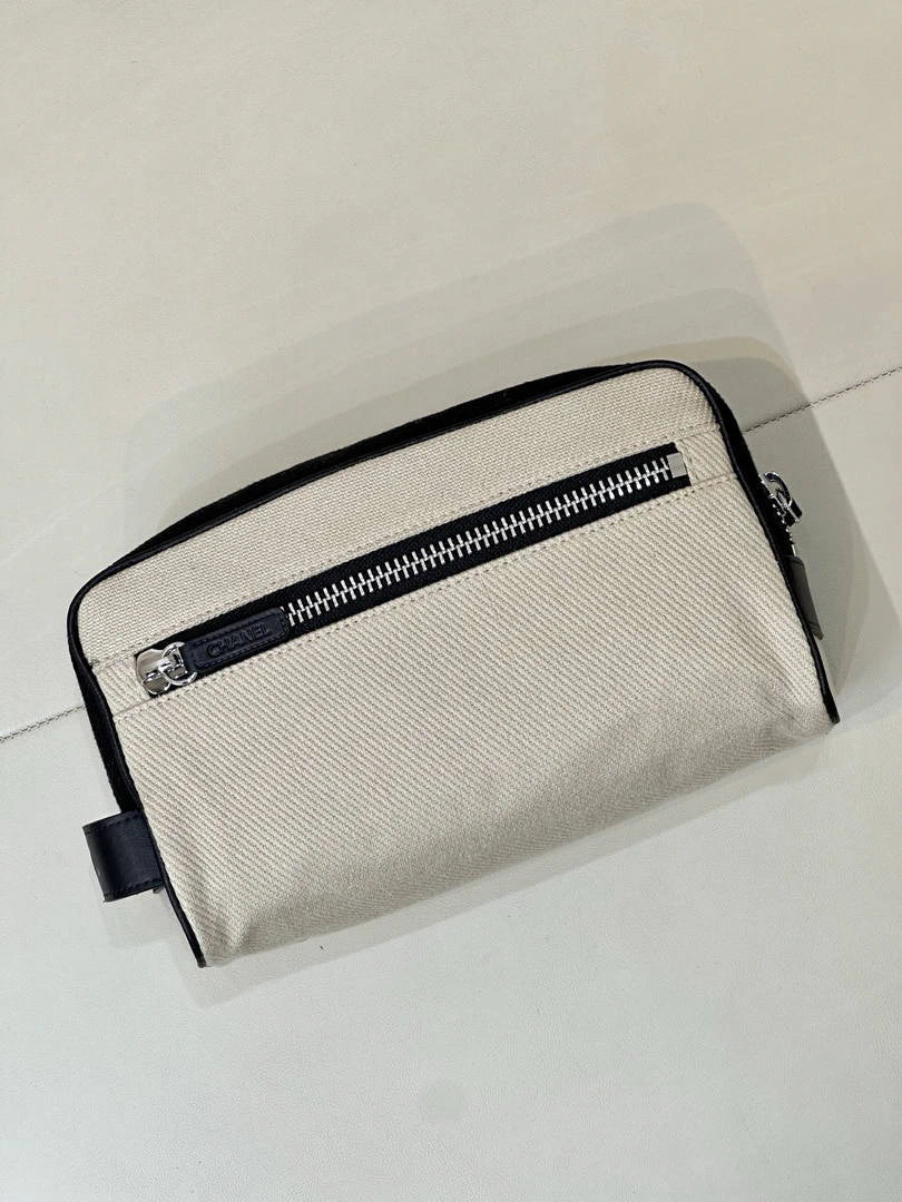 Chanel Small Zipped Pouch Canvas Calfskin & Silver-Tone Metal  AP5226 White &Black - Default Title - View 7